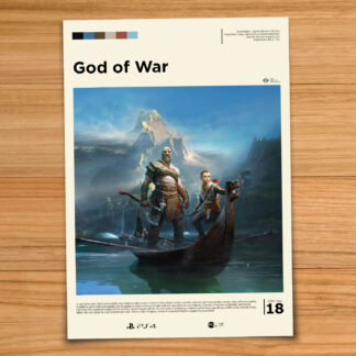 Minimalist, gallery-style God of War (2018) poster on a wood table background