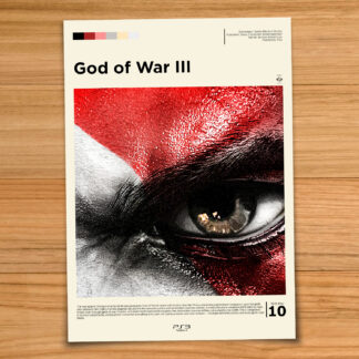 Minimalist, gallery-style God of War 3 poster on a wood table background