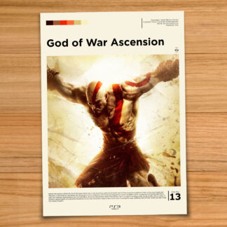 Minimalist, gallery-style God of War Ascension poster on a wood table background