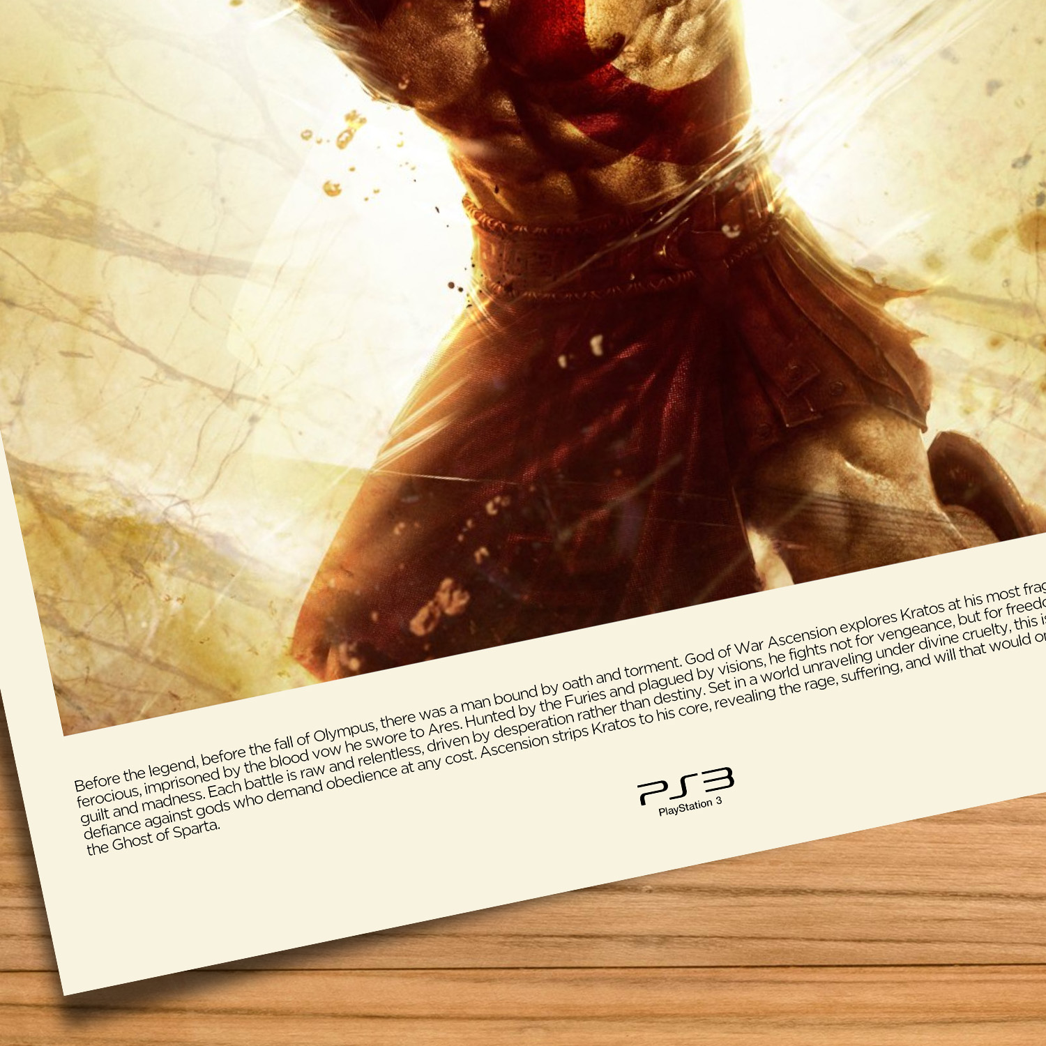 Minimalist, gallery-style God of War Ascension poster on a wood table background