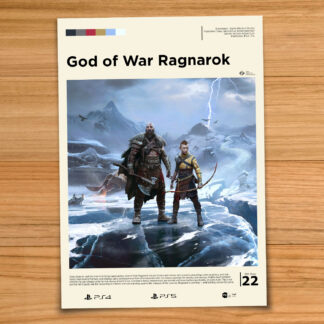 Minimalist, gallery-style God of War Ragnarok poster on a wood table background