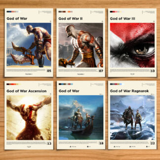 Minimalist, gallery-style God of War poster set, including 1, 2, 3, Ascension, 2018 and Ragnarok key art style prints on a wood table background