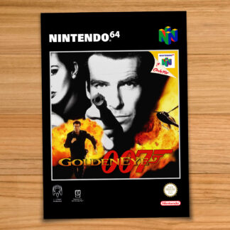 Minimalist, gallery-style Goldeneye 007 poster on a wood table background