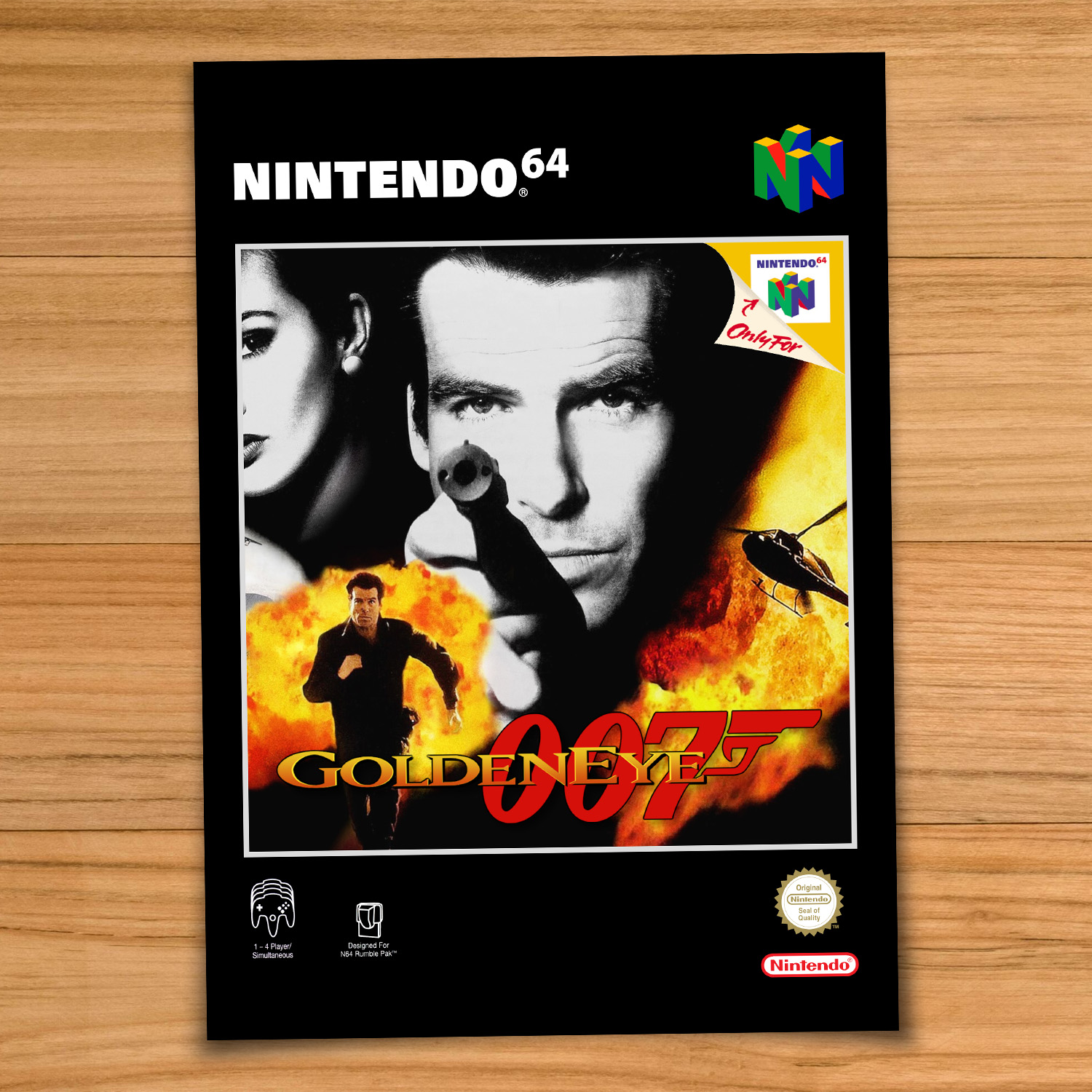 Minimalist, gallery-style Goldeneye 007 poster on a wood table background