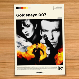Minimalist, gallery-style Goldeneye 007 poster on a wood table background