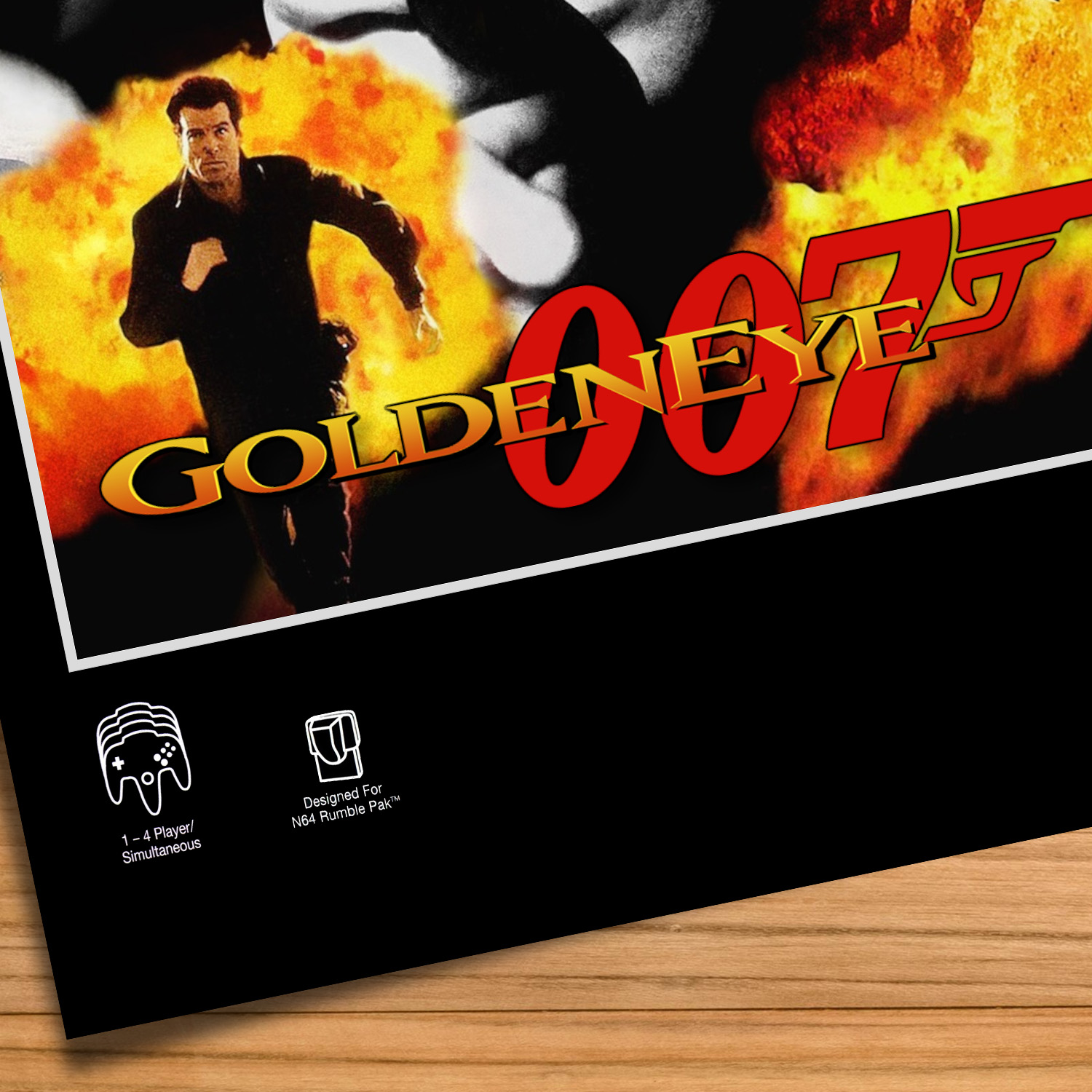 Minimalist, gallery-style Goldeneye 007 poster on a wood table background