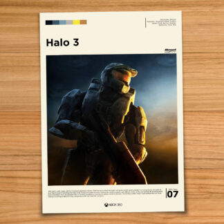 Minimalist, gallery-style Halo 3 poster on a wood table background