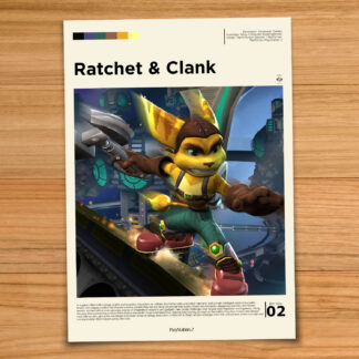 Minimalist, gallery-style Ratchet & Clank poster on a wood table background
