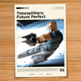 Minimalist, gallery-style Timesplitters Future Perfect poster on a wood table background
