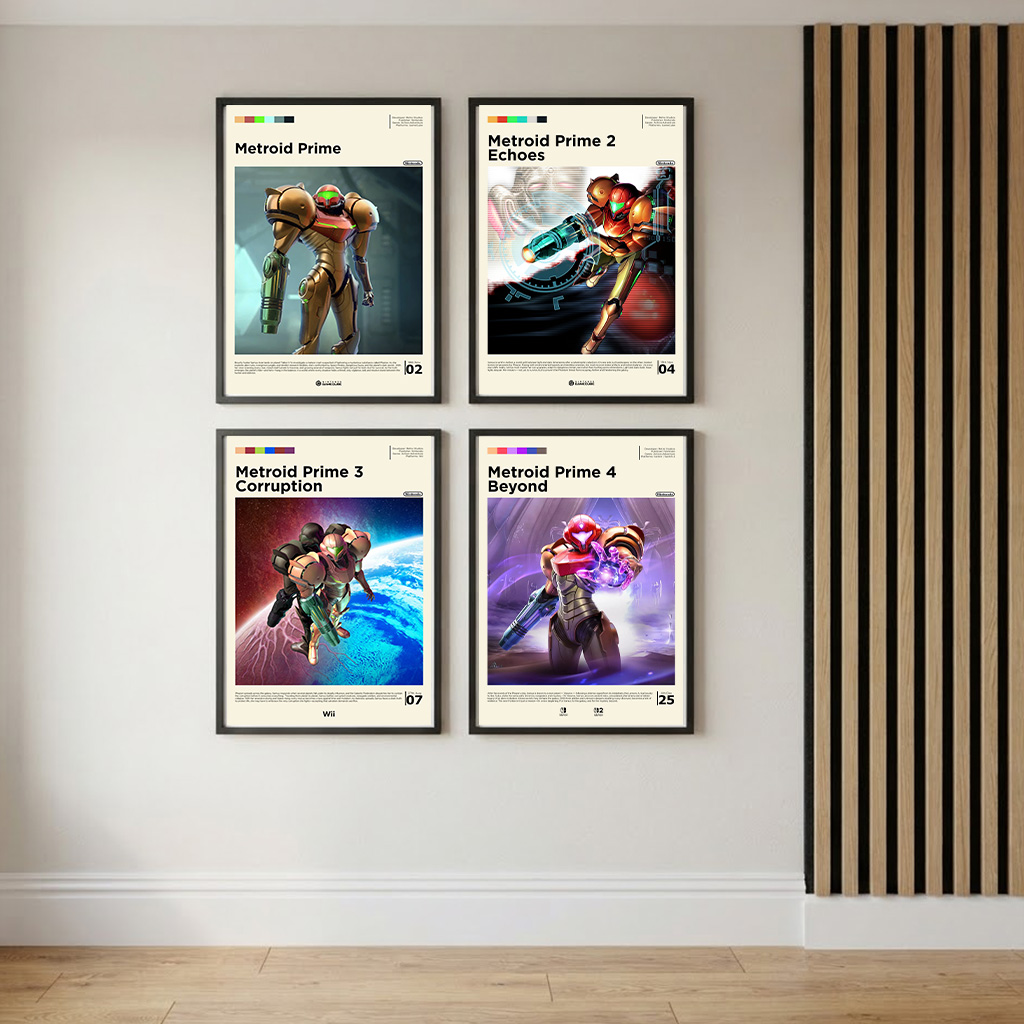 Framed Metroid Prime 1, 2, 3 and 4 gaming posters